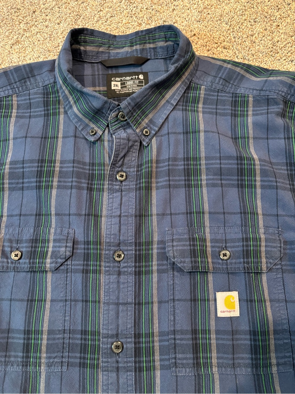 Carhartt Flannel Men's 2XL Loose Fit LS Button Up Blue Green Plaid Shirt 4750